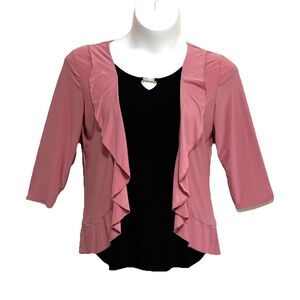 Liz McCoy Blouse Top Womens Size XL Pink Black 3/4 Layered Look Ruffle Stretch